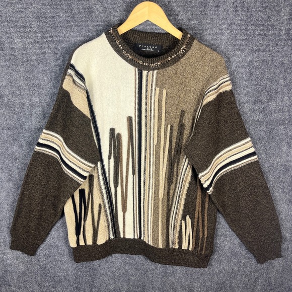 Protege Collection Sweater Mens Large Brown Beige Knit Abstract Pattern 3D Knit - Picture 1 of 7